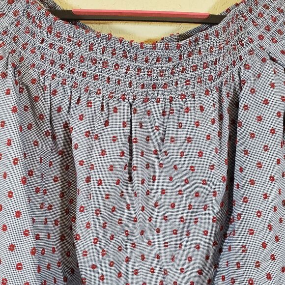 Aqua Off the Shoulder Peasant Gingham Swiss Dot Cotton Summer Picnic Crop Blouse - Picture 7 of 8